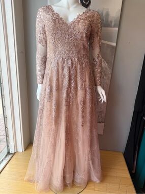 LARA Blush Lace Long-Sleeve Evening Gown